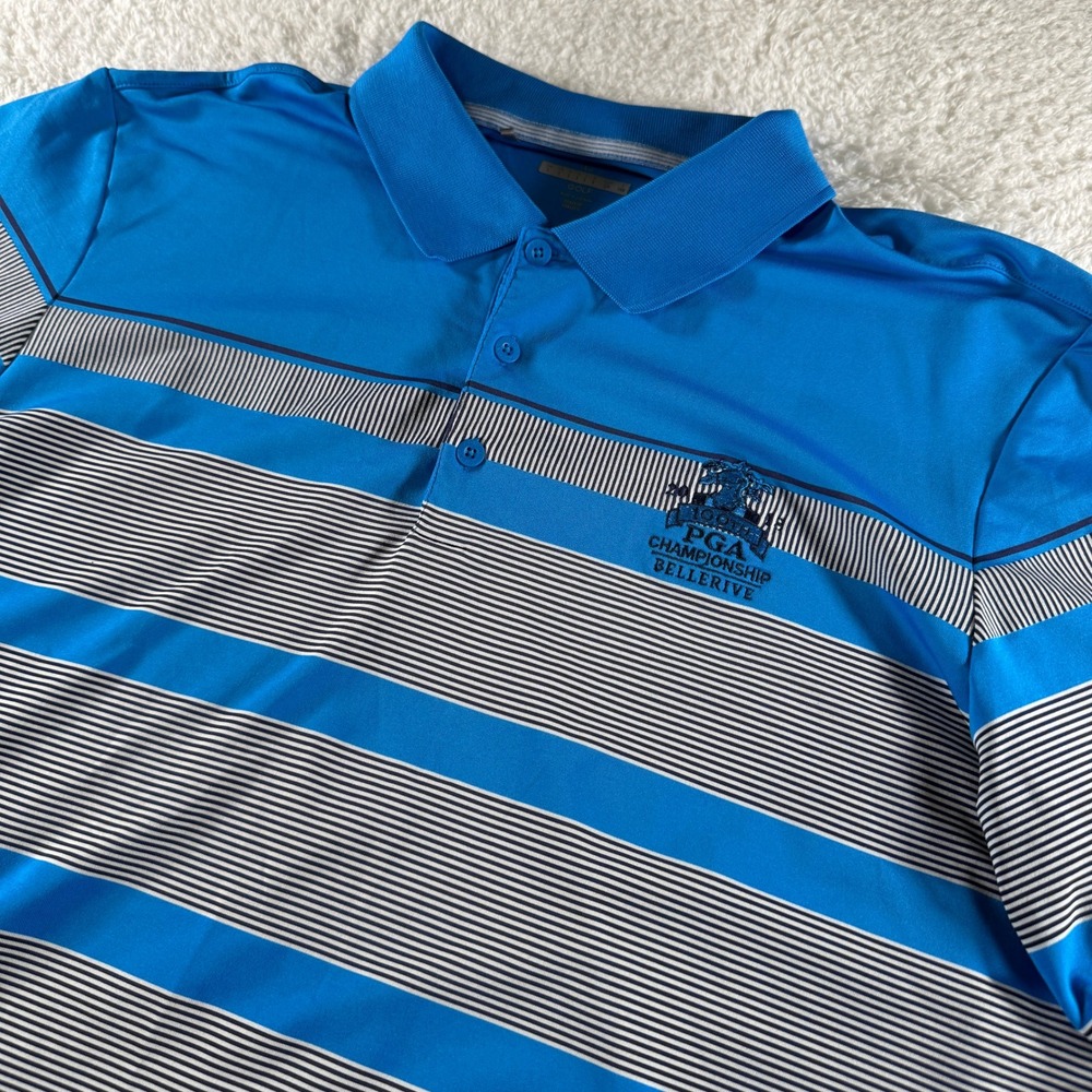 Adidas PGA Championship Bellerive 100th Golf Polo Shirt Collared‎ Blue Stripe L